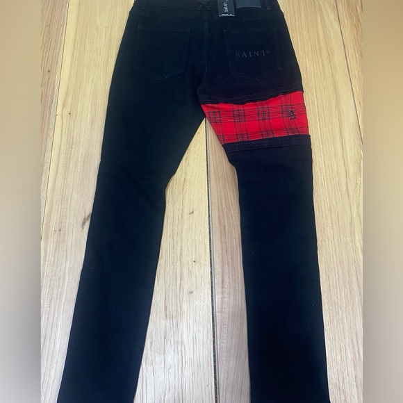Saint Morta Sideline Distressed Skinny Jeans Men’s 34 Black/ Red Tartan - Picture 8 of 15
